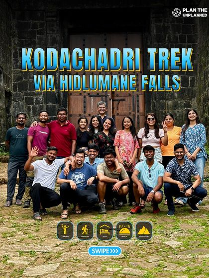 A group of trekkers in front of the historic doors on the Kodachadri trek via Hidlumane Falls.