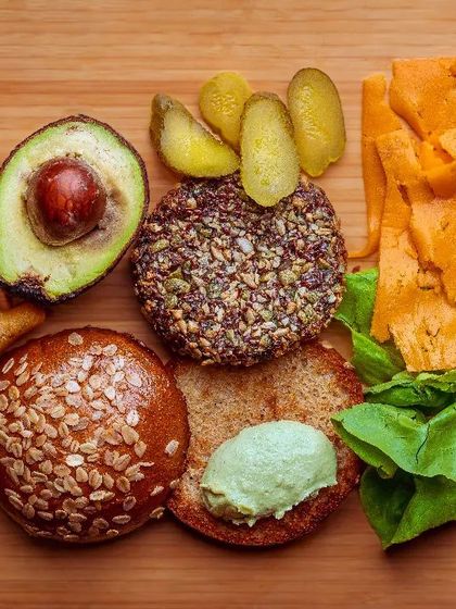 Deconstructing the myth of the vegetarian burger. Here are the fresh, luxurious ingredients that make up our Quinoa Tofu Verdure Burger.