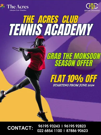 Grab our monsoon season offer at The Acres Club Tennis Academy. Get a flat 10% off starting from June 2024 and sharpen your skills on the court.
