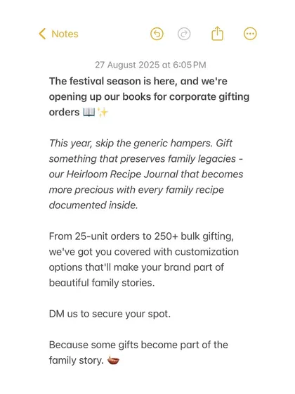 This is why we do what we do. When a company gifts our journals for Diwali, it goes beyond a simple present. It sparks conversations, connects team members through stories of family and food, and creates a sense of community rooted in shared heritage. We are now taking bulk gifting orders for the festive season.