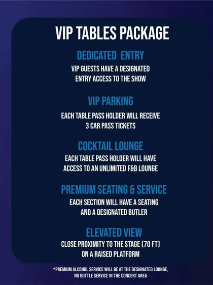 This graphic details the comprehensive benefits included in our VIP Tables Package. From dedicated entry and VIP parking to access to an exclusive cocktail lounge and premium seating with a designated butler, every detail is managed for a flawless experience.