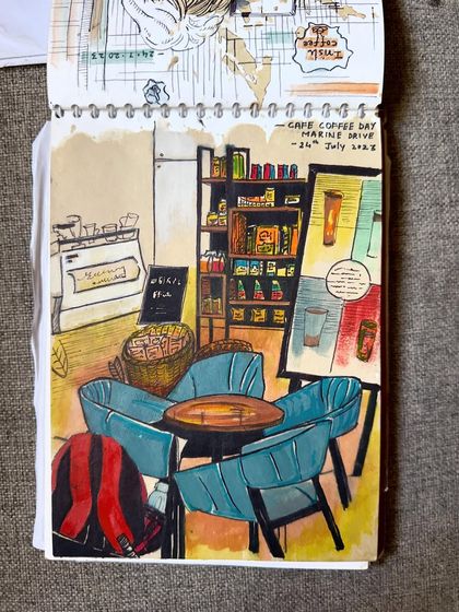 A colorful cafe sketch from my sketchbook. I often visit cafes to test them out as potential workshop locations.