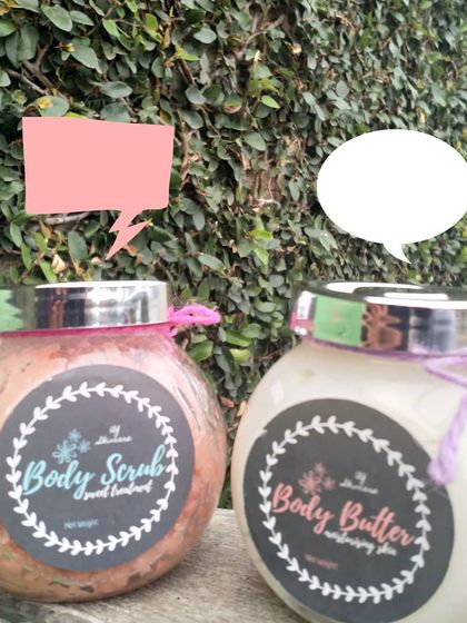 My Body Scrub and Body Butter duo. They are the perfect pair for exfoliating and moisturizing your skin, leaving it smooth and hydrated.