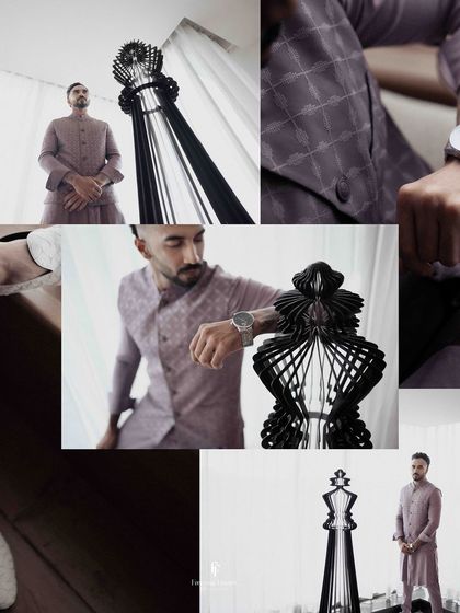 A multi-panel collage capturing the groom's preparation for the engagement, showing details of his attire and his thoughtful expressions.