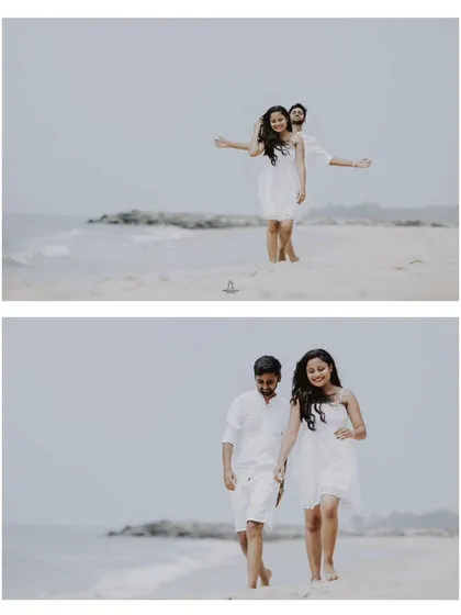 A collage of a couple in white, walking and interacting playfully on a serene beach.