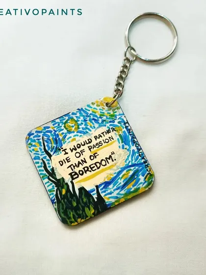 Inspired by Van Gogh's "The Starry Night," this keychain features one of my favorite quotes: "I would rather die of passion than of boredom." It’s a little reminder to follow your heart, which is exactly what I do with my art.