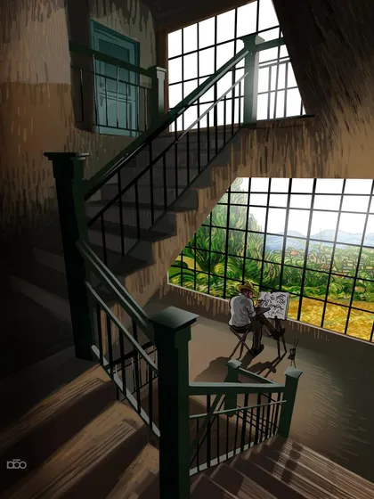 Life is a journey of changing perspectives. I show the artist painting on a staircase, with each level offering a different view out the window. It's a metaphor for how our understanding of the world deepens as we move through life.
