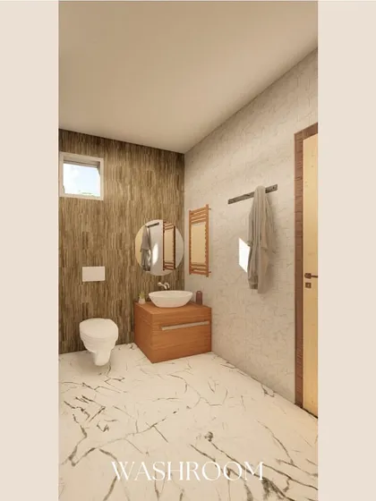 This washroom design continues the theme of rustic charm and modern comfort. I paired a textured wood-look wall with a clean, vessel sink and marble-patterned flooring to create a space that feels both natural and refined.