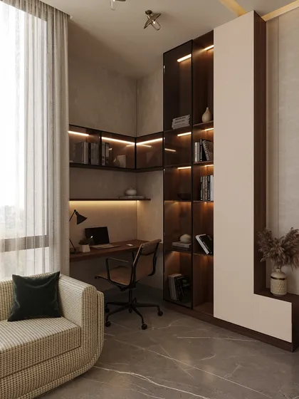 A cozy study corner is tucked away in this bedroom, featuring a dark wood desk and L-shaped shelving with integrated lighting. It’s a perfect, light-filled spot for focus.