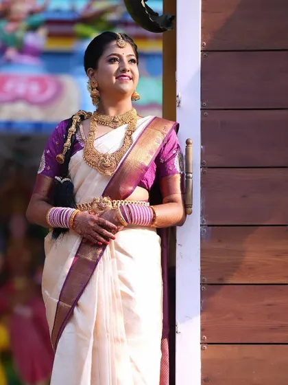 My beautiful Murtham bride, Pooja. This shot captures her looking radiant and serene just before her wedding ceremony.