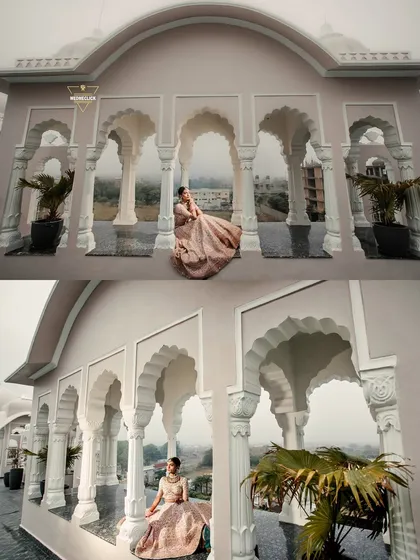 A collage of the bride's portraits, showing her posing in a grand hall with beautiful arches, creating a royal and timeless feel.