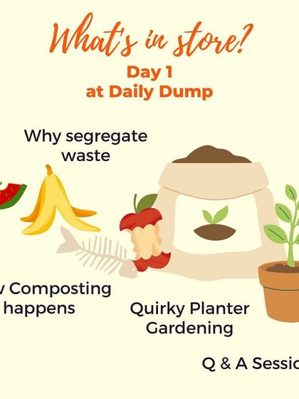 A visual summary of what's in store for Day 1 of our kids' workshop, focusing on turning waste into compost and the joy of gardening.