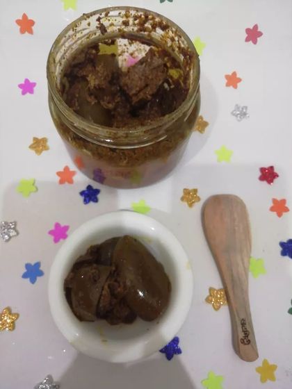 A food blogger's take on my Aam ka Achaar. The colourful background makes the pickle look even more festive and delicious.