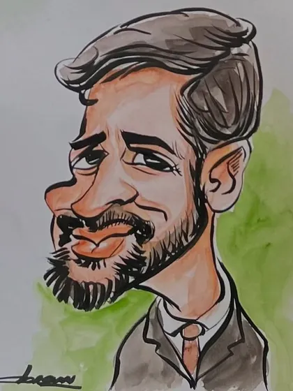 A close-up of the finished watercolor caricature from the Aurva corporate event. The use of color helps to bring out the subject's features and personality.