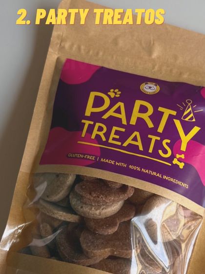 My Party Treats are a gluten-free mix of natural ingredients, perfect for sharing with furry friends at a birthday bash or picnic.