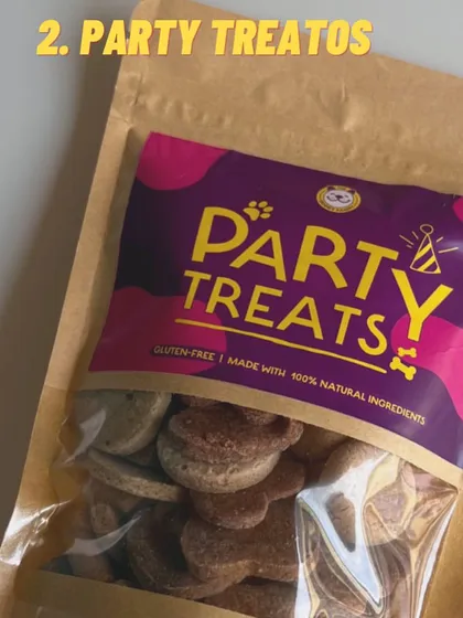 My Party Treats are a gluten-free mix of natural ingredients, perfect for sharing with furry friends at a birthday bash or picnic.