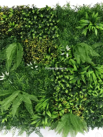 A lush green wall panel design featuring various types of faux ferns and ground cover plants for a dense, forest-floor look.