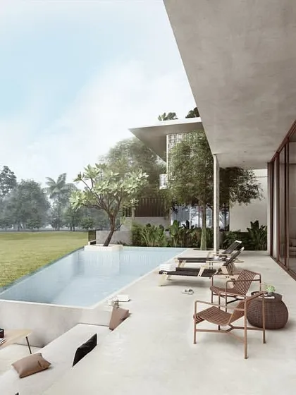 The pool and patio area of a Pavilion Home, designed as a water's edge between the residence and the landscape. This seamless transition from the living space to the outdoors is central to the project's design.