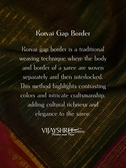 Understanding the Korvai gap border, a traditional weaving technique where the body and border are interlocked. This method creates the distinct, sharp contrast that Kanjivarams are famous for.