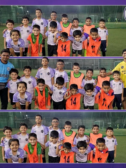 Our Under-7 and Under-9 batches posing for a group photo after a practice match. It's great to see so many enthusiastic young faces ready to learn.