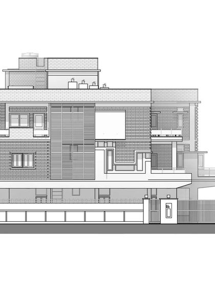 The front elevation drawing for the Hyderabad residence, detailing the interplay of the striated brick, plaster surfaces, and wooden louvers that define the building's new identity.