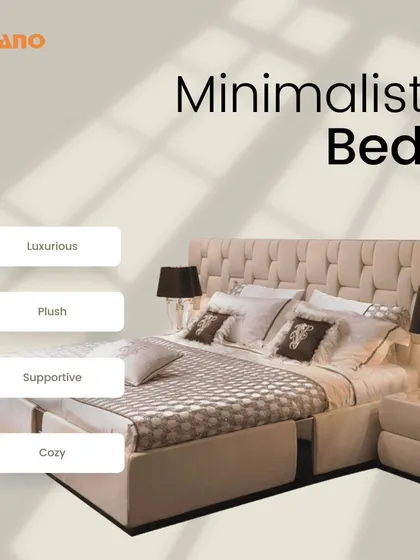This minimalist upholstered bed is designed to be luxurious, plush, and supportive. It's a cozy centerpiece for a modern bedroom, with storage options available.