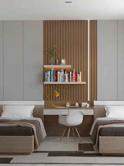 A modern and minimalist shared bedroom for two. The design features two single beds separated by a central desk and shelving unit, with wood paneling and accent lighting creating a warm and focused atmosphere.