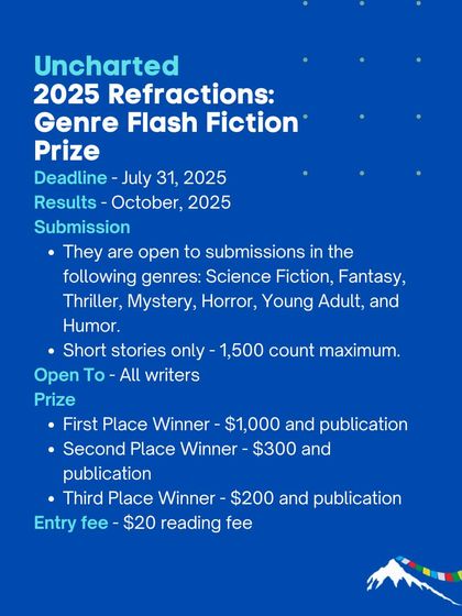 The Uncharted 2025 Refractions Prize is looking for genre flash fiction. If you write science fiction, fantasy, thriller, or horror, this is a great contest for you.