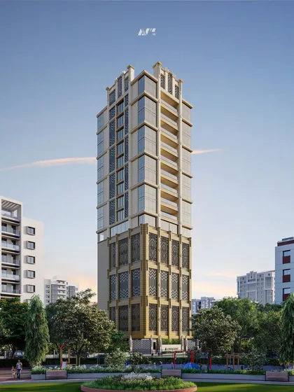 A view of Crescent Park 9 from the surrounding park area. The design integrates the 70-meter-high residential icon into the urban fabric of Almeida Park, Bandra, blending modern luxury with its green surroundings.
