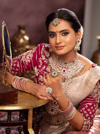 Another shot from the Varamahalakshmi series, focusing on the intricate diamond jewelry and the flawless makeup application that makes her skin look radiant.