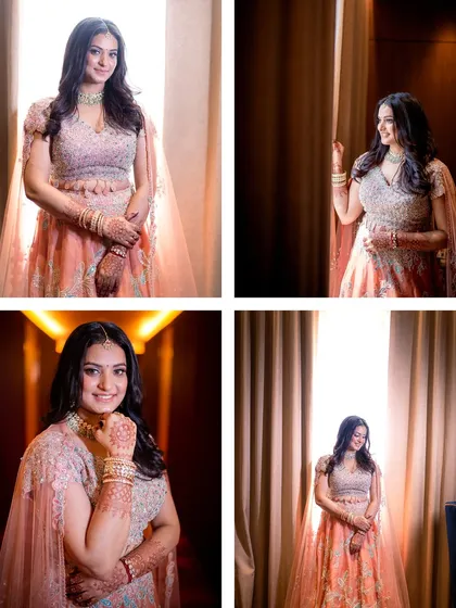 A series of portraits of the bride, Neha, looking radiant in her peach-colored engagement lehenga.