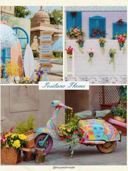 A moodboard for a Positano-themed event, showcasing key elements like a hand-painted Vespa, colorful floral arrangements, and directional signs pointing to Italian coastal towns.