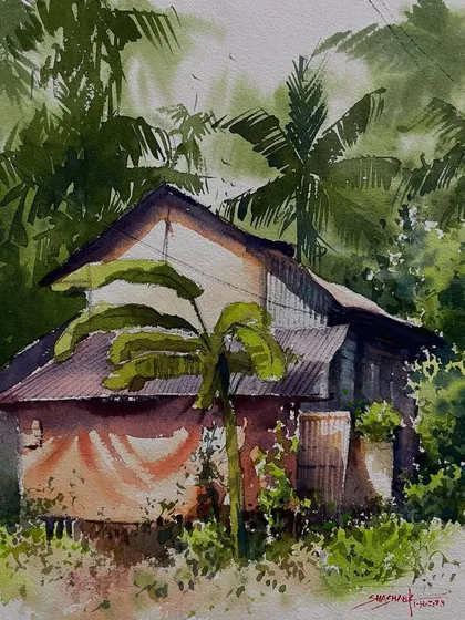 A beautiful house surrounded by lush greenery and palm trees. This custom watercolor landscape painting is a perfect example of how I can turn a photo of a special place into a work of art.