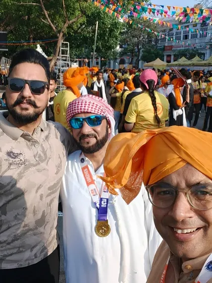 A group selfie from the Vaisakhi celebration. The colorful turbans and festive decorations made for a vibrant event.