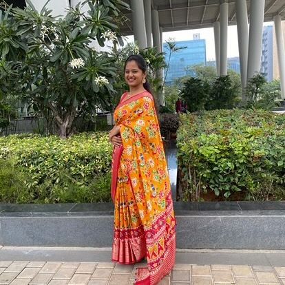Our client Varshini radiates beauty in this unique silk saree with Ikkath prints in stunning yellow and red hues.