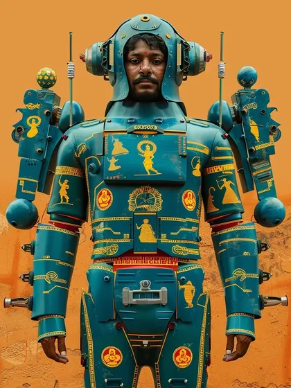 A Yuntriksh pilgrim in a blue and gold suit, with designs that evoke classical dance forms. This variation explores the integration of different cultural arts into their designs.