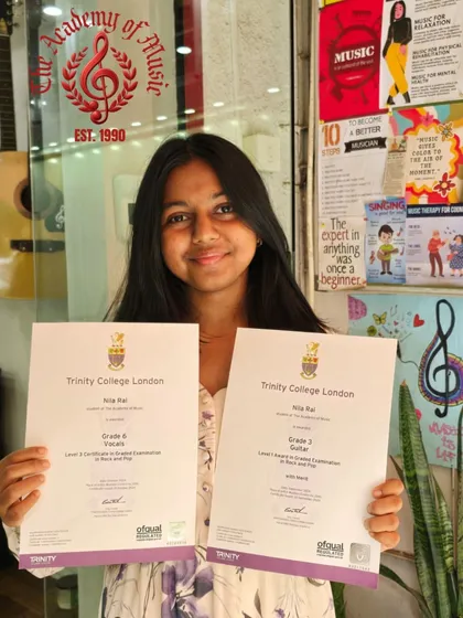 Talk about a double whammy! We're buzzing with pride for Nila Rai, who crushed her Trinity College exams with a merit in Grade 6 Western Vocals and a distinction of 85 percent in Grade 3 Guitar.