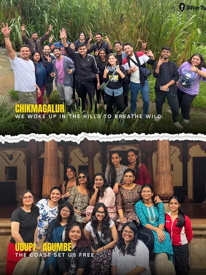 This collage contrasts a fun group photo in the hills of Chikmagalur with a women-only group photo in Udupi-Agumbe, showing the variety of experiences I offer.