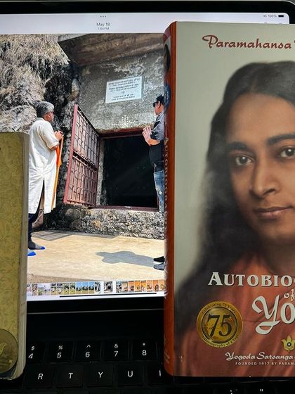My spiritual diary, the "Autobiography of a Yogi," and a photo from Mahavatar Babaji's cave. These are the cornerstones of my spiritual life, guiding my personal and professional journey with the principles of Kriya Yoga.