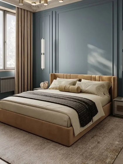 A wide shot of a bedroom with blue paneled walls and a large window. The design is spacious and elegant, with a focus on classic details and a calming color scheme.