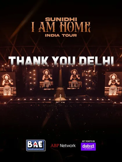 THANK YOU DELHI. A graphic celebrating a successful show while teasing the next stop.