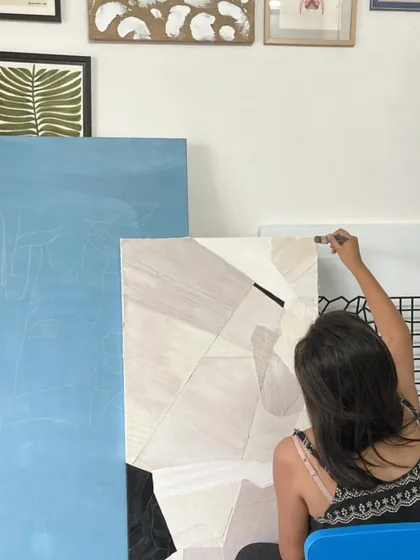 Another angle of a studio session, showing multiple canvases in progress. My studio is a space of overlapping projects and evolving ideas.