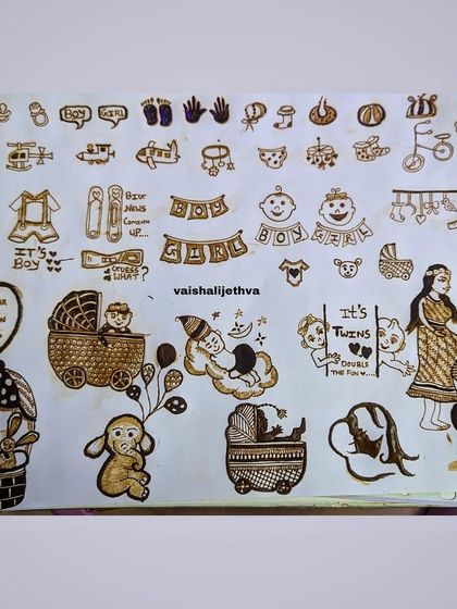 A collection of dozens of small and large motifs specifically for baby shower mehndi, from cradles and toys to "Mom-to-be" figures.