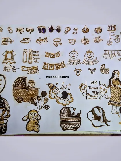 A collection of dozens of small and large motifs specifically for baby shower mehndi, from cradles and toys to "Mom-to-be" figures.