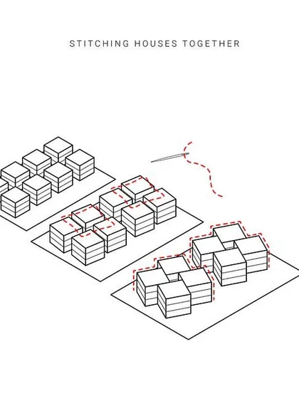 The concept of "stitching houses together" was fundamental to creating a community feel. This diagram shows how we moved away from isolated plots to an interconnected fabric of homes, fostering a sense of shared identity and space.