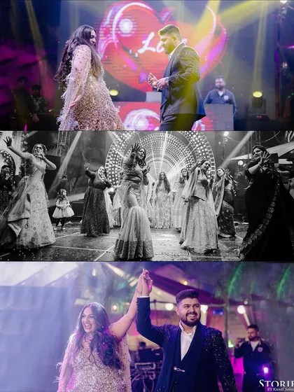 A collage of performance shots from the Sangeet, showing the couple on stage and guests dancing.