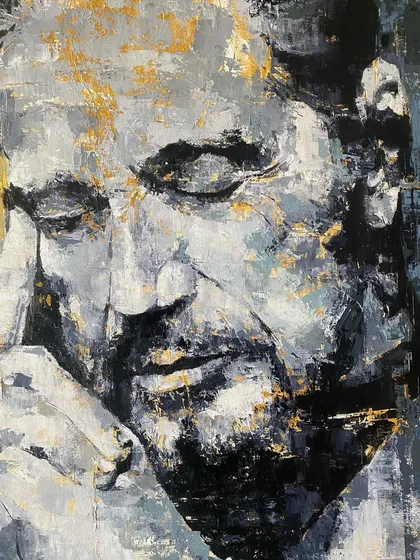 Titled 'Plato’s Discourse', this 5x4 feet portrait captures a moment of deep thought. The monochromatic palette with hints of gold leaf adds a classic, philosophical weight to the piece, inviting quiet contemplation.
