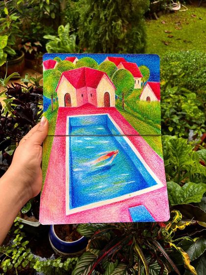 A sketchbook drawing of a figure swimming in a pink-bordered pool.