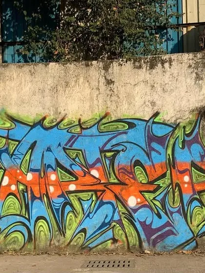 The full wall from our freestyle jam. A massive production of color and style, showing what happens when a crew of writers gets together on a big wall.