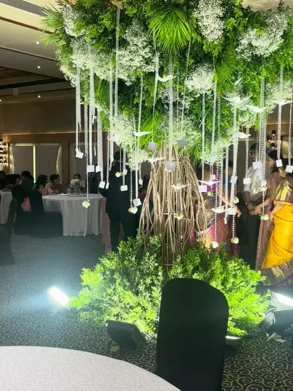 The entrance to the Phoenix Ballroom, where we installed our magnificent "Wish Tree." We love transforming indoor spaces into magical forests, creating an element of surprise and wonder for guests.